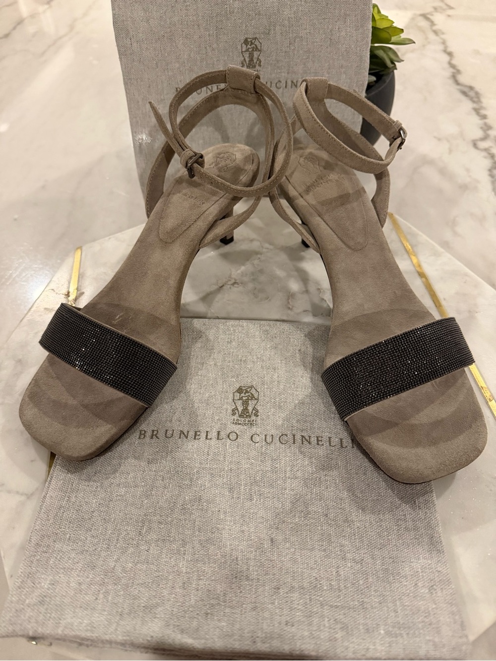 Brunello Cucinelli Taupe Suede Ankle-Strap Sandals with Black Crystal Toe Band
